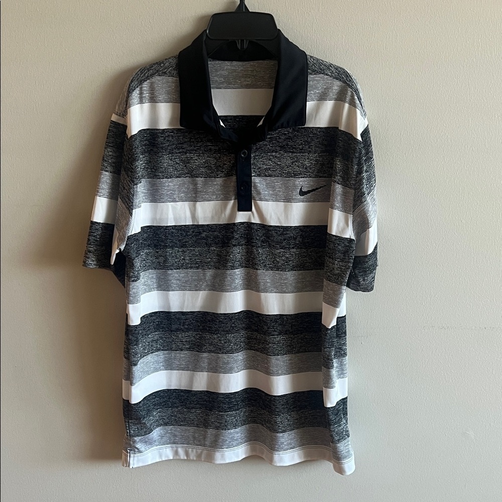 Nike Men's Polo Shirt with Black, Gray, and White Stripes